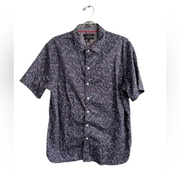 Tahari Stretch Short Sleeve Button Down Navy Patterned Shirt Men’s Large - Picture 1 of 10